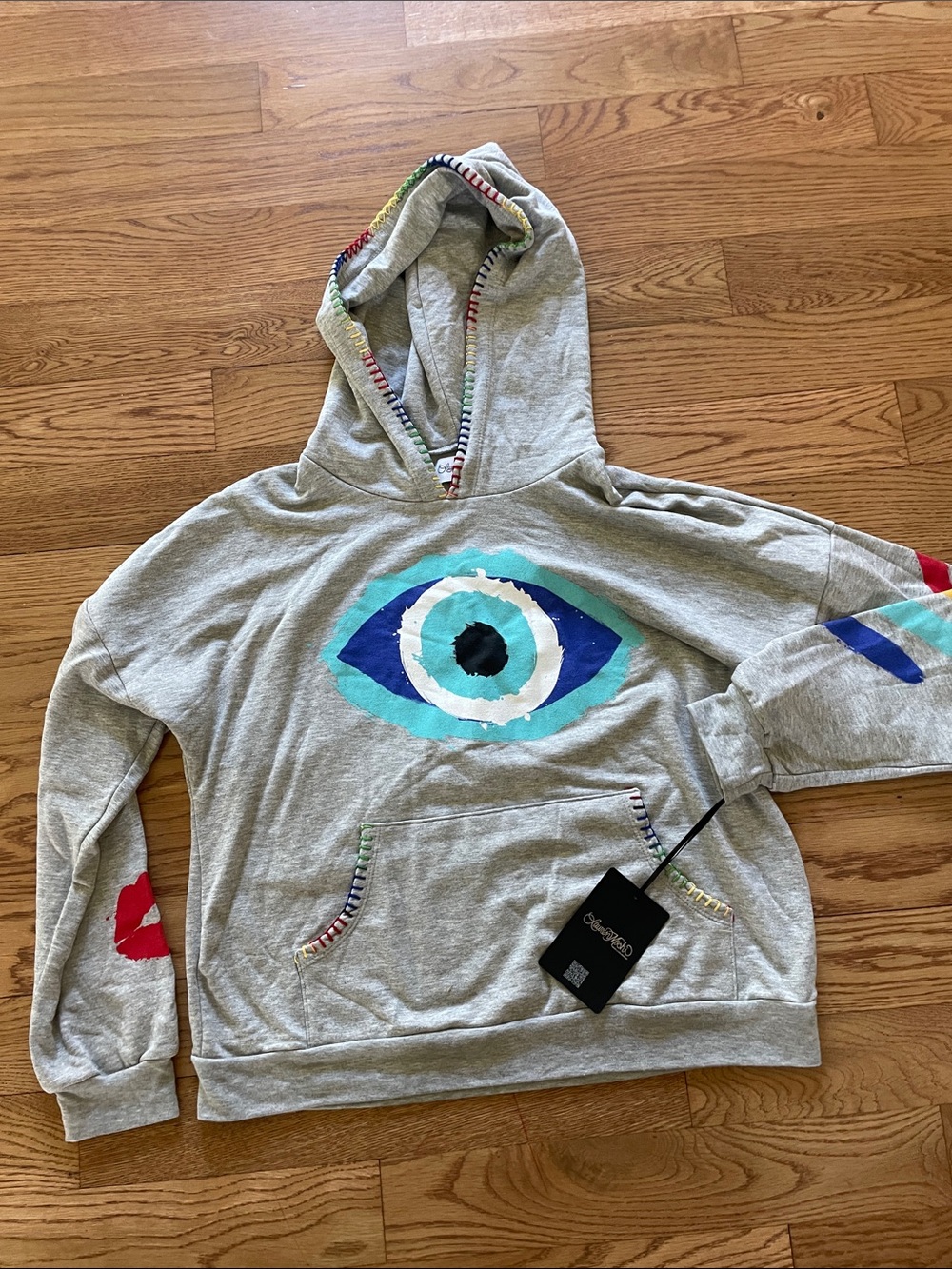 Lauren Moshi Gray Hoodie with Turquoise, Teal & Blue Eye Graphic
